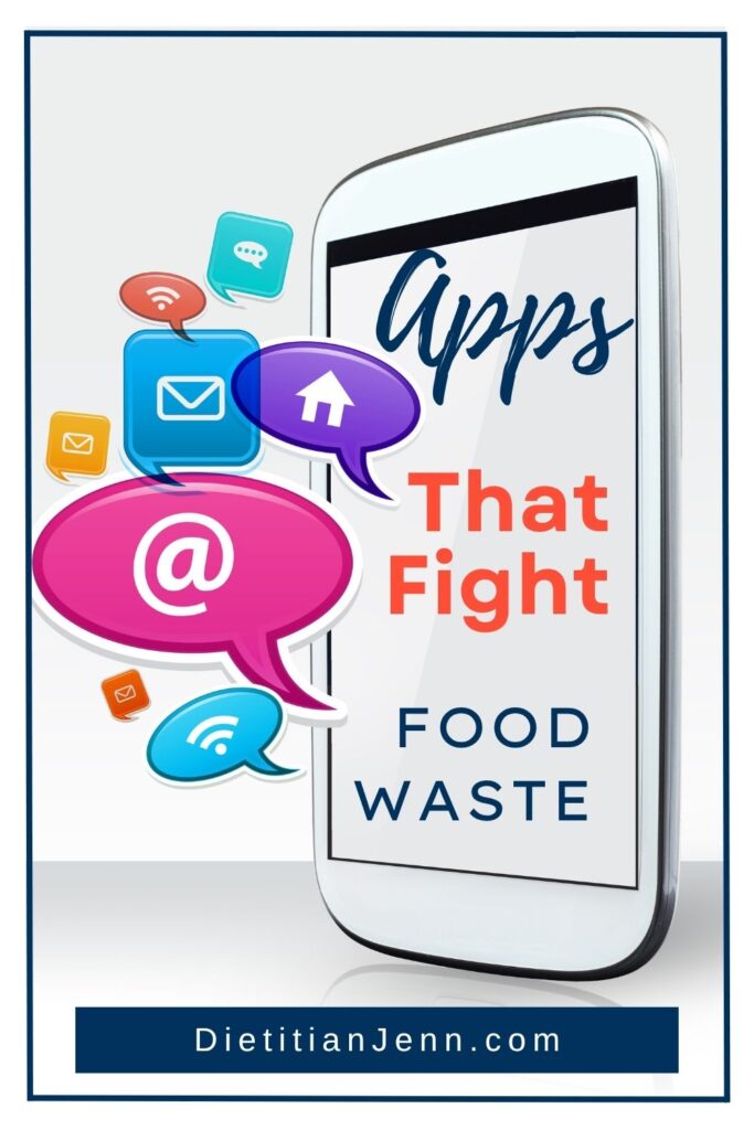 a graphic of a smart phone on a white background with various app icons popping out. Text on the phone screen reads, "Apps That Fight Food Waste"