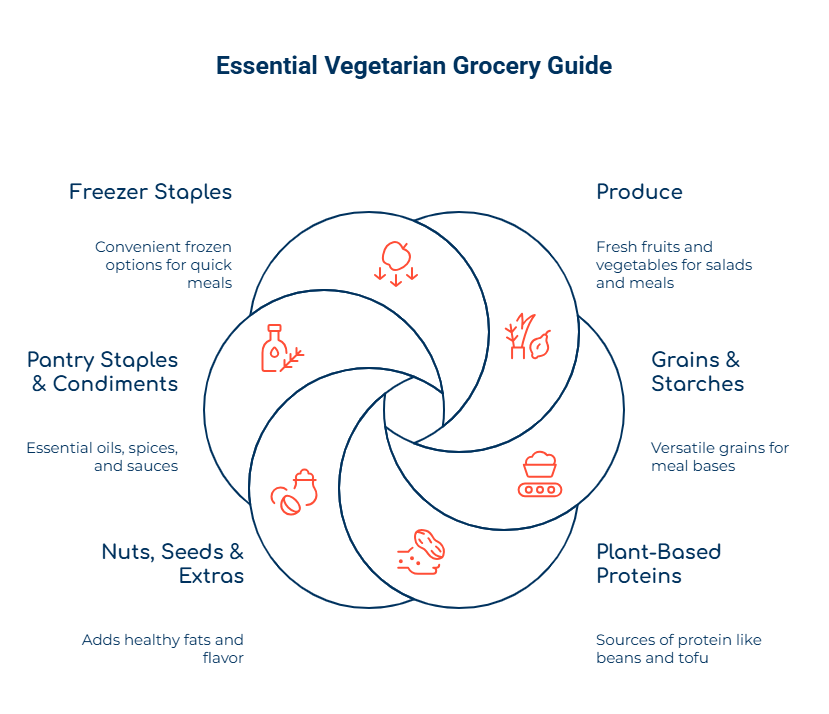 A circular graphic showing the various categories of groceries: plant-based proteins, nuts, seeds, and extras, pantry staples and condiments, grains and starches, freezer staples, and produce. text above reads, "Essential Vegetarian Grocery Guide"