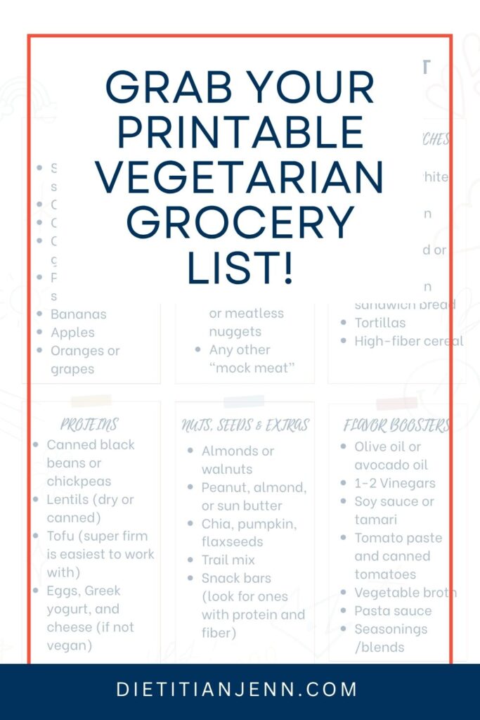 a blurred image of a printable vegetarian grocery list. text reads, "Grab Your Printable Vegetarian Grocery List"