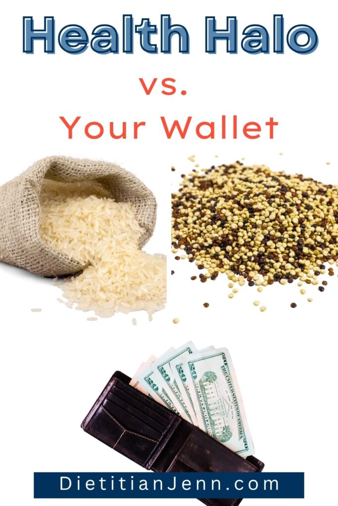 a bag of dried rice next to a pile of quinoa. underneath is an open wallet with money fanned out. text above reads, "Health Halo vs. Your Wallet