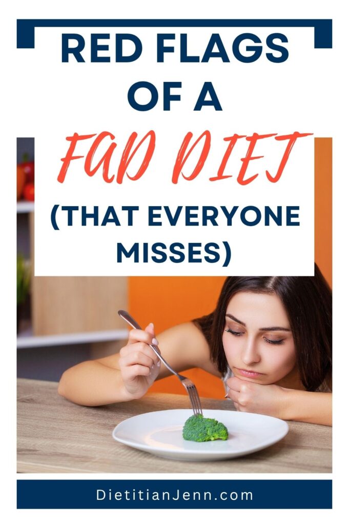 Someone sitting at a table with a plate of broccoli looking sad. text above reads, "red flags of a fad diet (that everyone misses)