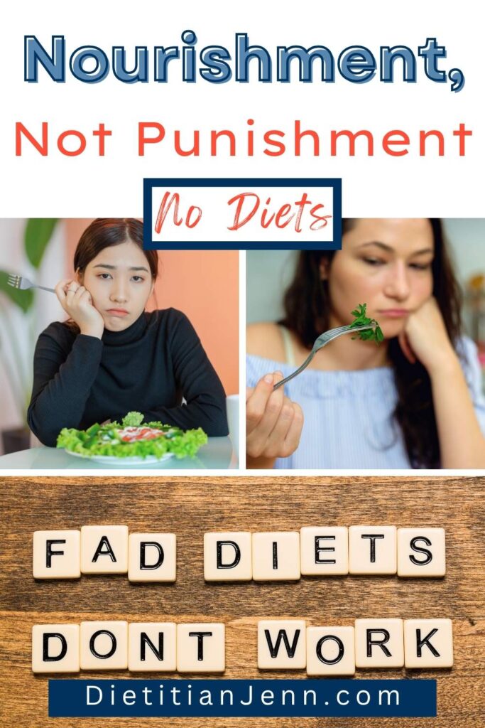 2 women looking sad while eating a a few leaves of lettuce. scramble tiles below spell out "fad diets dont work" text above reads, "Nourishment, not punishment. no diets"