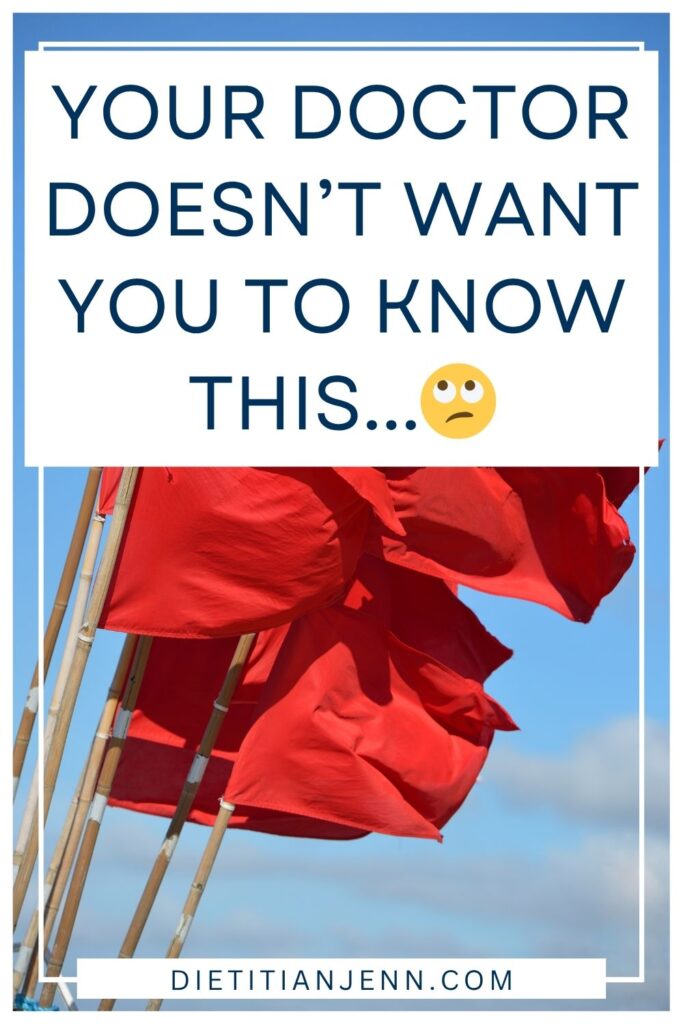 several red flags on bamboo poles against a slightly cloudy sky. Overlaid text reads, "Your doctor doesn't want you to know this..." followed by an eye roll emoji.