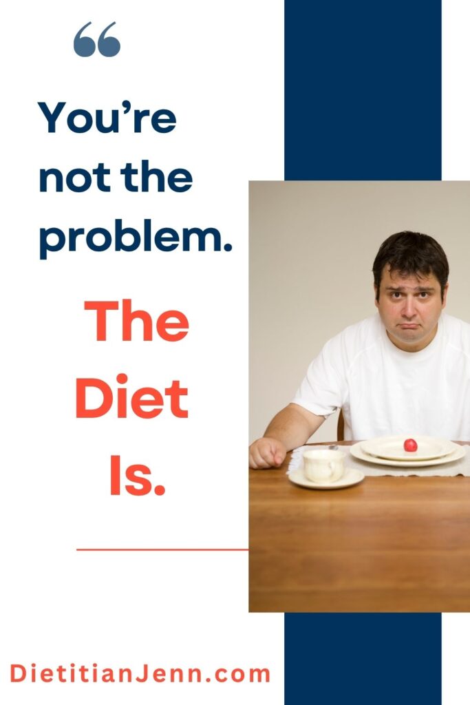 a man, looking sad, in front of a plate with a lone grape on it. text reads, "You're not the problem. The Diet Is."