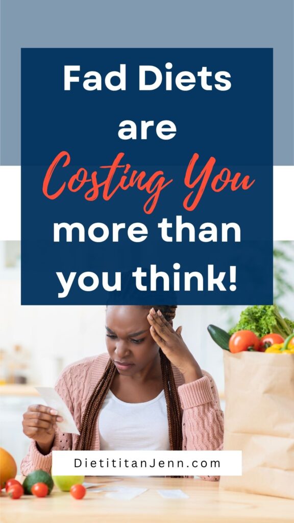 a frustrated woman looking at a receipt with groceries next to her. text reads, "Fad diets are costing you more than you think!"