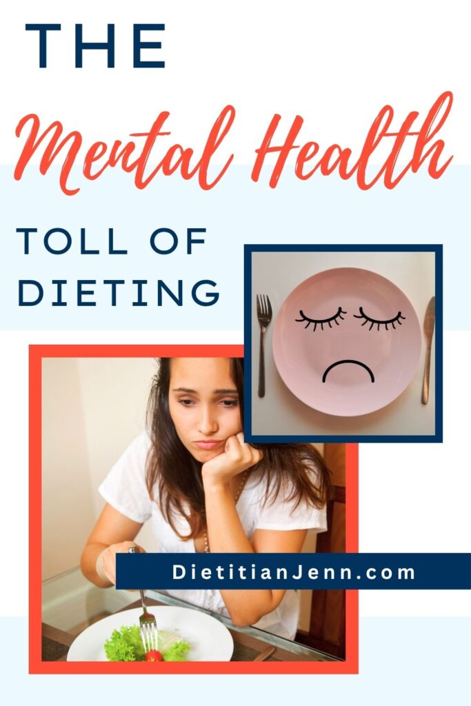 a woman looking sadly at a leaf of lettuce and a grape tomato on a plate. inset image of a pink plate with a sad face drawn on it. text reads, "The mental health toll of dieting"