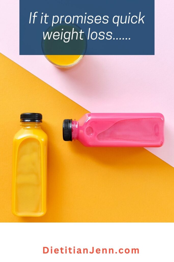 2 bottles of juice, 1 yellow and 1 pink, laid on their sides on a yellow and pink geometric background. text reads, "If it promises quick weight loss...."
