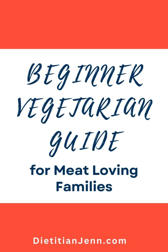 blue text on a white background surrounded by coral blocks of color. text reads, " Beginner Vegetarian Guide for Meat Loving Families"