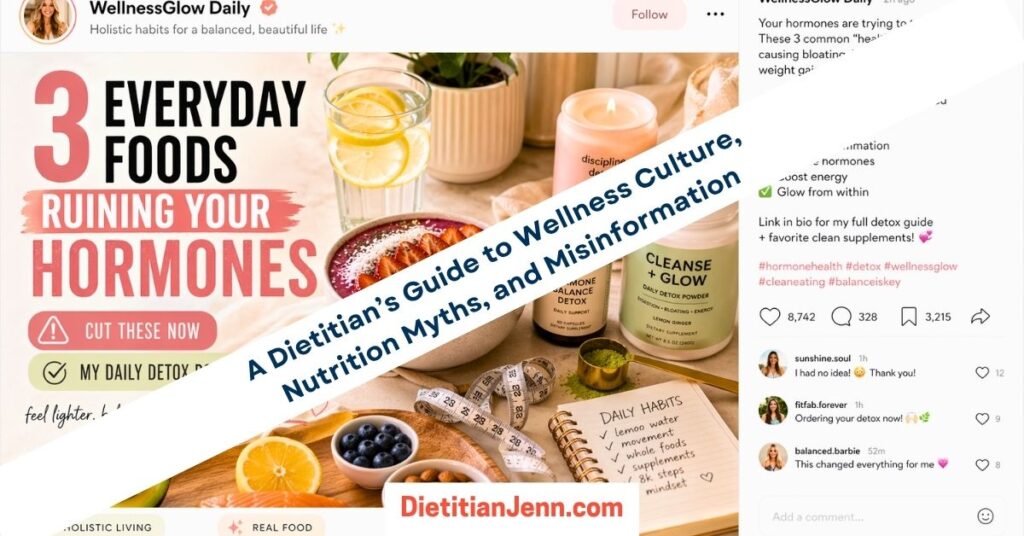 A mock social media post showing a flat lay of foods and wellness products, with text overlaying the image listing "3 Everyday Foods Ruining Your Hormones" and "My Daily Detox Routine". the caption and comments are seen to the side. Overlaid text reads, "A Dietitian's Guide to Wellness Culture, Nutrition Myths, and Misinformation"