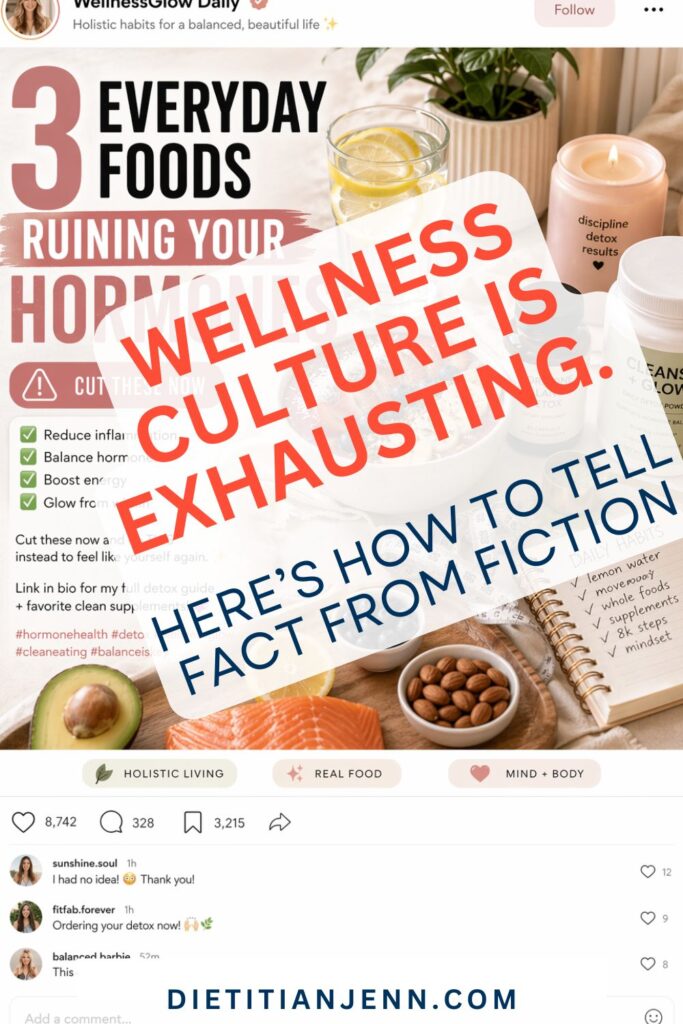 mockup of Graphic listing "3 Everyday Foods Ruining Your Hormones" with bullet points about reducing inflammation and balancing hormones, alongside a healthy food bowl, supplements, and a notebook with daily habits. overlaid text reads, "Wellness Culture Is Exhausting. Here’s How to Tell Fact From Fiction Online"