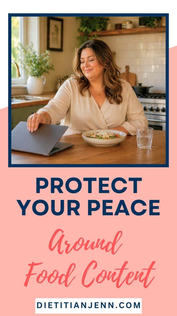 A person sits at a wooden table in a kitchen, with a laptop partially closed in front of them and a bowl of food and a glass of water to their right. text below reads, "Protect Your Peace Around Food"