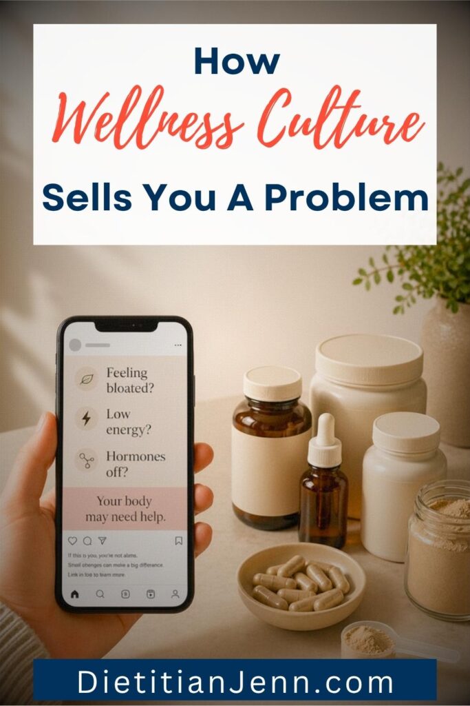 A hand holds a smartphone displaying a wellness app with questions about bloating, energy, and hormones. Several supplement bottles and capsules are arranged on a table in the background. text above reads, "How Wellness Culture Sells You a Problem"