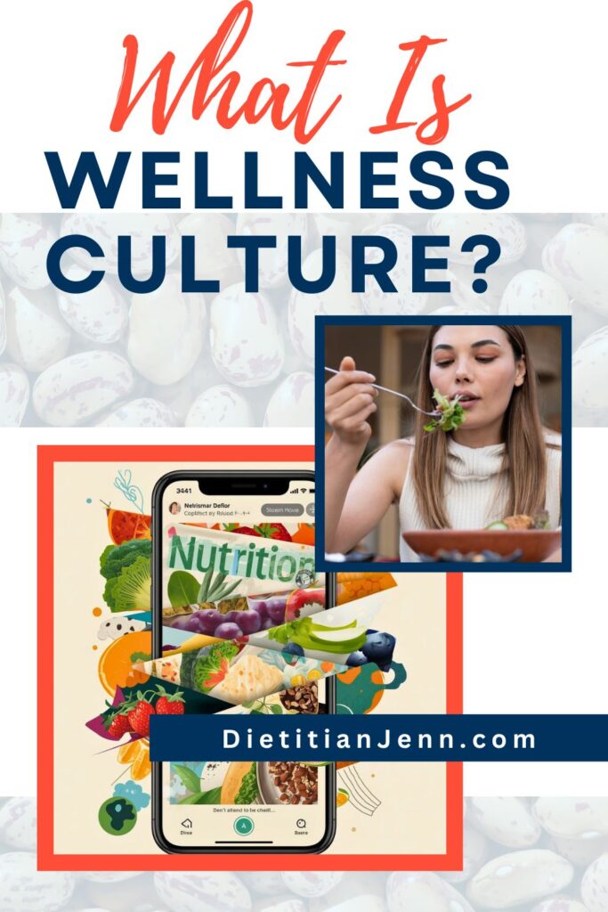 A smartphone displaying a nutrition app with various fruits and vegetables collage on screen. The screen shows "Nutrition" text and images of strawberries, grapes, broccoli, oranges, and other healthy foods. inset image shows a calm person eating a salad with a fork from a bowl. text above reads, "What Is Wellness Culture?"