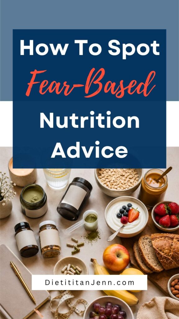 A collection of healthy foods and supplements including fruit, oats, yogurt, bread, nuts, and various bottles and capsules, arranged on a surface with a lit candle and a glass of water. text above reads, "How to Spot Fear-Based Nutrition Advice"