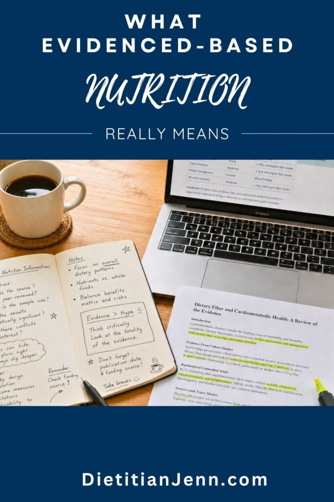 A laptop, an open notebook with handwritten notes on evaluating nutrition information, and a research paper titled "Dietary Fiber and Cardiometabolic Health: A Review of the Evidence" are laid out on a wooden desk next to a mug of coffee. text above reads, "What Evidence-Based Nutrition Really Means"